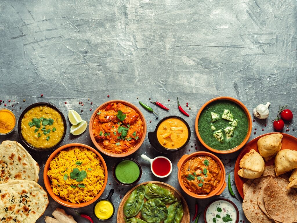 Indian food and indian cuisine dishes, copy space
