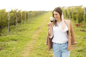 A person touring a winery while tasting a red wine.
