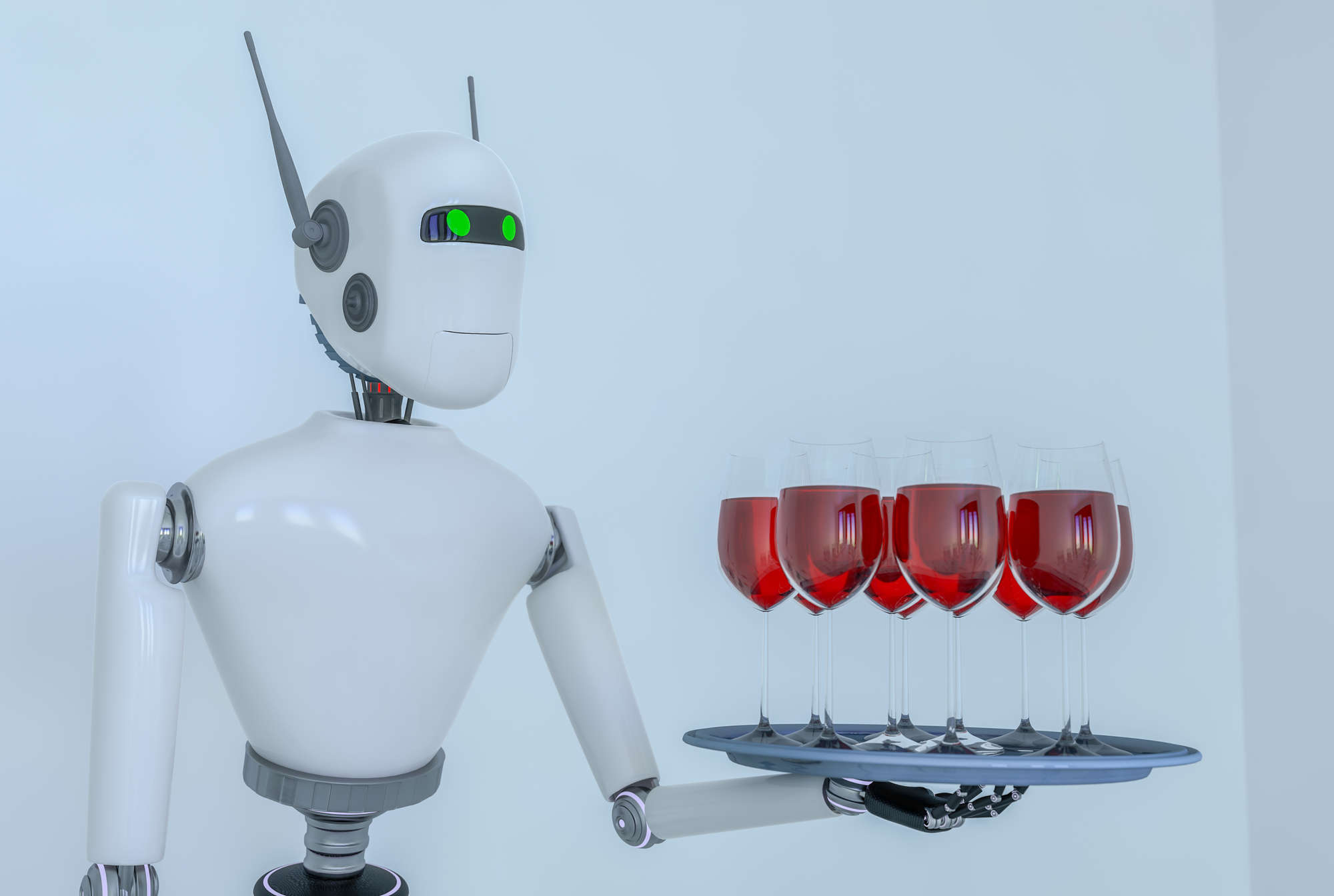 Humanoid robot serving a tray of glasses of wine.