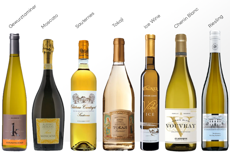 sweet wine bottles, featuring Riesling, Moscato, and Sauternes